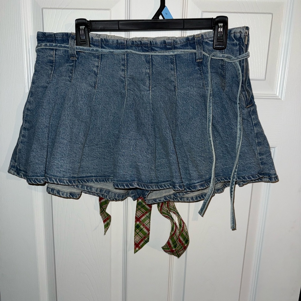 Wild Fable Denim Mini Skirt with Plaid Detail